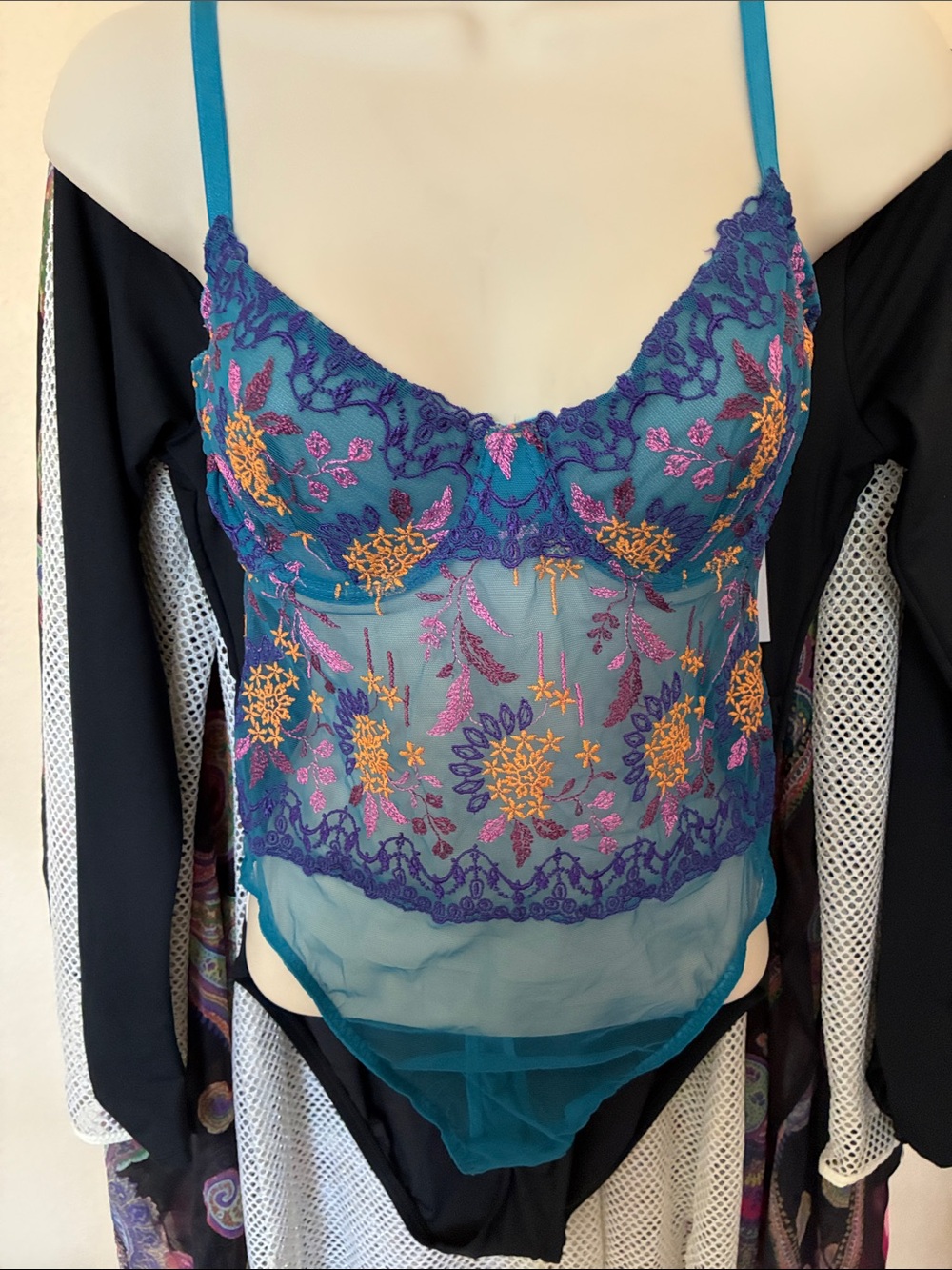 Cosabella Teal Sheer Floral Embroidered Chemise Usha Teddy Royal 3 34C 36A 36B